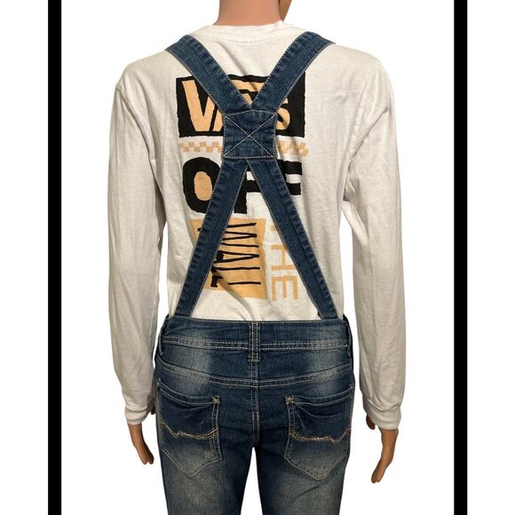 Almost Famous Blue Denim Overalls Juniors Size Small - Picture 7 of 9